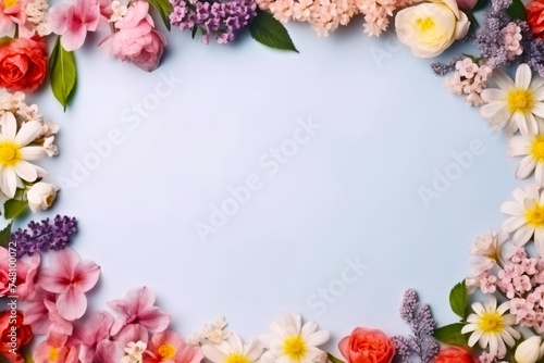 colorful floral arrangement forming a border around a blank  light blue background. concepts  springtime  floral design  nature beauty  spring or summer themes  invitations or announcements. 