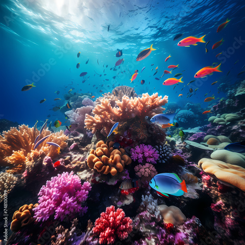 A vibrant coral reef with diverse marine life.
