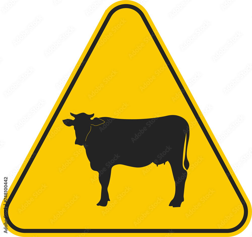 Isolated triangle yellow sign of animal crossing, road safety alert, cow farming zone Isolated triangle yellow sign of animal crossing, road safety alert, cow farming zone
