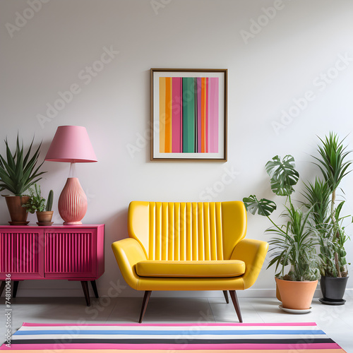 Retro Scandinavian pink sideboard, colorful, yellow armchair, modern, plant, cactus, pink table lamp, modern rug, photo frame mockup, decorations, commode, mockup