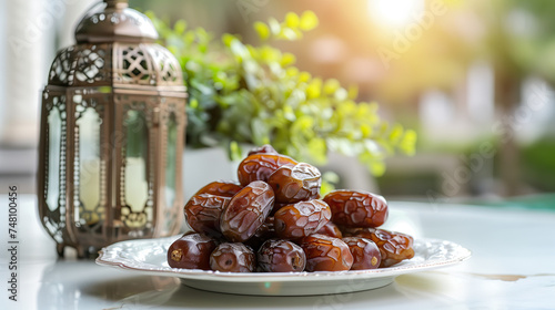 a plate of dates and a lantern on white table. ramadan kareem holiday celebration concept photo
