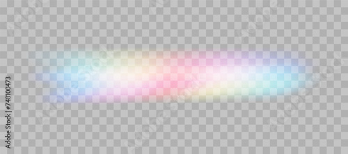 Blurred rainbow refraction overlay effect. Light lens prism effect on transparent background. Holographic reflection, crystal flare leak shadow overlay. Vector abstract illustration.