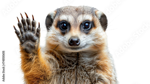 The image skillfully captures a raccoon reaching out with its paw, suggesting curiosity or desire to interact, against a blank background