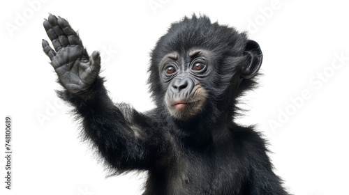 A striking portrait of a Chimpanzee with its hand lifted upwards in a gesture, set on a white background © Daniel