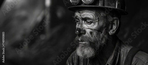 A black and white photo of a man wearing a hard hat, symbolizing safety in a coal mining environment. He exudes dedication and focus, embodying the heritage of coal mining.