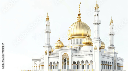 3d mosque with golden dome isolated on white background. ramadan kareem holiday celebration concept