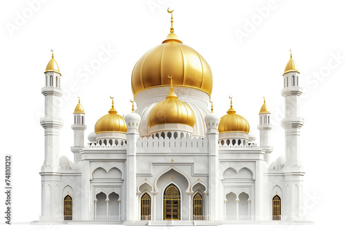 3d mosque with golden dome isolated on white background. ramadan kareem holiday celebration concept