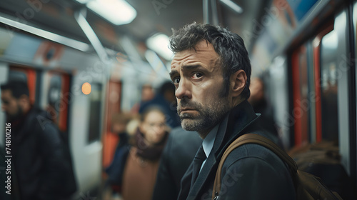 Businessman with sad or depressed face returning by subway after work. Concept of overwork and lack of free time. Unhappy work routine.