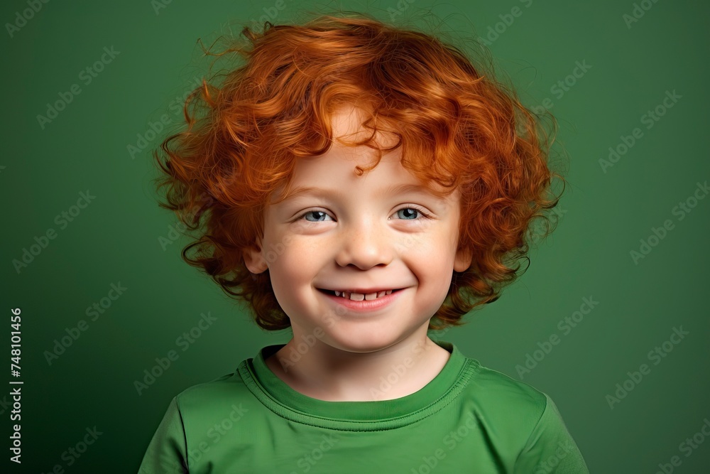 Cute handsome little todler boy with curly red hair and freckles wearing an green T-shirt on an plain green background. Place for text. Studio portrait of happy red-haired child Cute handsome little todler boy with curly red hair and freckles wearing an green T-shirt on an plain green background. Place for text. Studio portrait of happy red-haired child