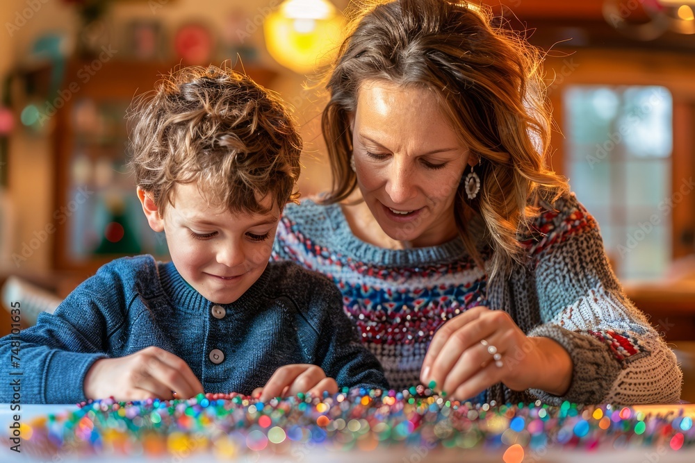 Happy Mother and Son Crafting with Colorful Beads at Home, Family Hobby Time, Creative Indoor Activity