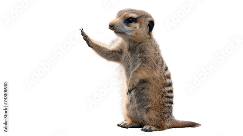 A curious meerkat standing upright scrutinizing a small object in its habitat, demonstrating alertness and curiosity
