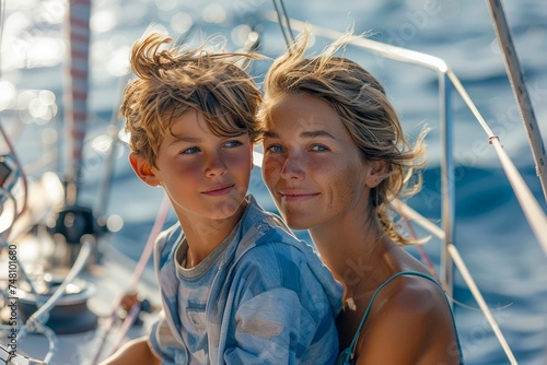 Portrait of Smiling Mother and Son Enjoying Time Together on a Sailboat during Golden Hour © pisan