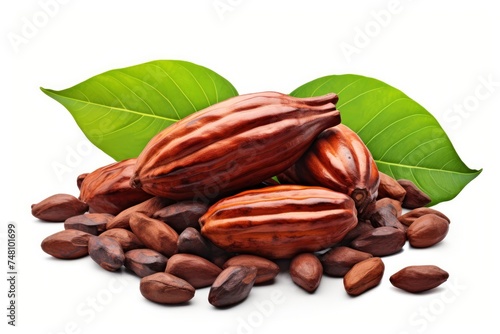 Cocoa pods, cocoa beans, green leaves on a white background. Object for your design, mockup