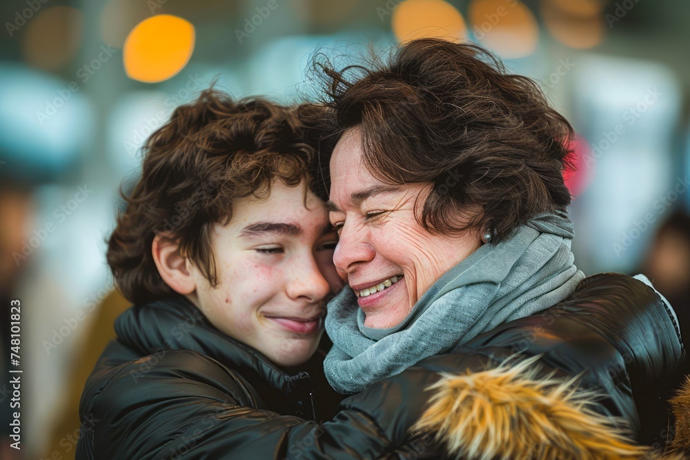 Fototapeta premium Happy Mother Embracing Teen Son Lovingly with Warm Smiles and Affectionate Hug in Urban Setting