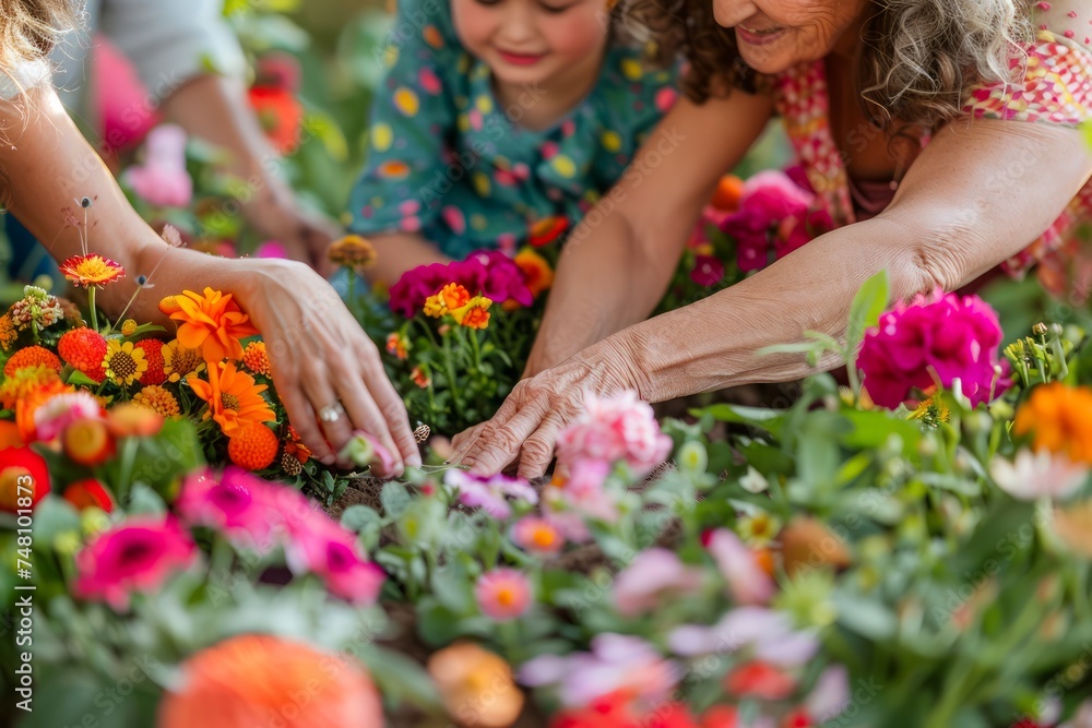 Multigenerational Female Family Members Enjoying Gardening, Planting Colorful Flowers Together in Sunny Garden