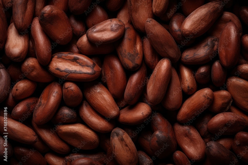 Fototapeta premium Cocoa background. Fragrant cocoa beans close-up top view. Roasted beans for making chocolate, pattern