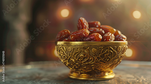 a golden bowl with dried dates on a table. ramadan kareem holiday celebration concept