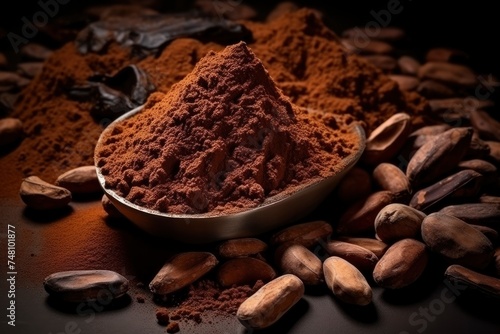 Ground cocoa in a bowl, cocoa beans, pods on a dark background, top view. A flavorful ingredient for making chocolate. Cocoa powder