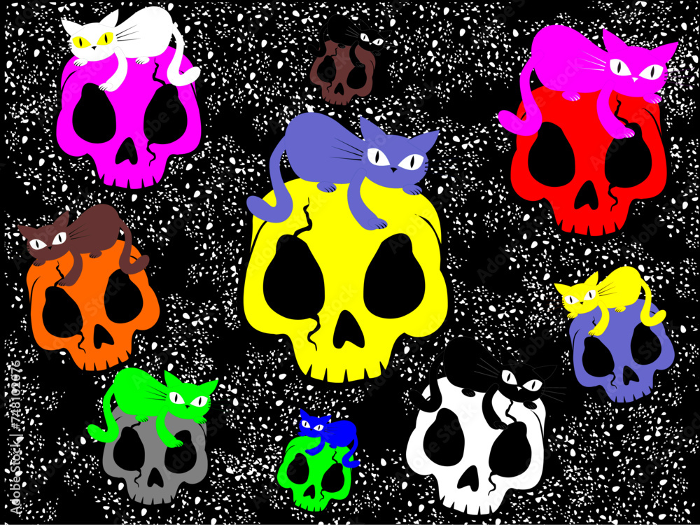 Texture of colorful skulls and cats with black background, bones Texture of colorful skulls and cats with black background, bones