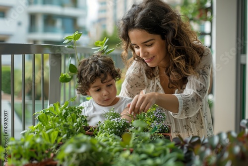 Young Mother and Child Together Enjoying Gardening on Balcony Urban Green Space