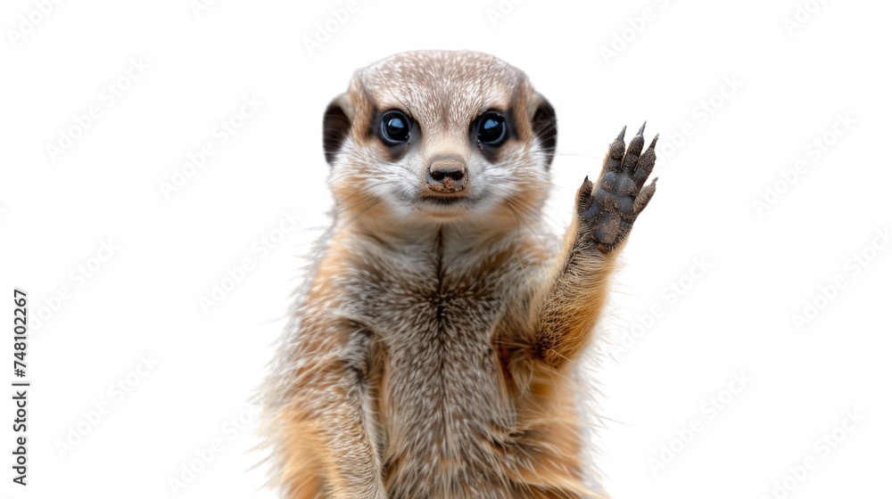 An engaging meerkat, Suricata suricatta, standing upright and raising its hand as if waving or interacting with viewers, isolated on a white backdrop An engaging meerkat, Suricata suricatta, standing upright and raising its hand as if waving or interacting with viewers, isolated on a white backdrop