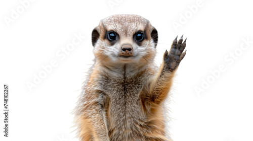 An engaging meerkat, Suricata suricatta, standing upright and raising its hand as if waving or interacting with viewers, isolated on a white backdrop