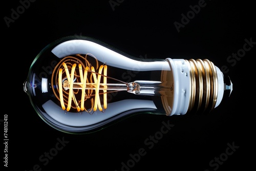 Illuminated light bulb adds contrast against dark black background surface
