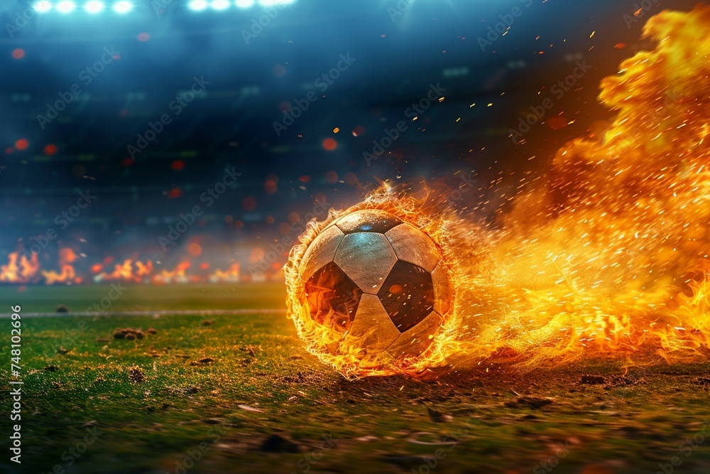 Fototapeta premium Fast moving soccer ball engulfed in flames races toward stadium field