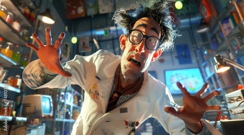 Personnage cartoon d'un chercheur scientifique en pleine folie. photo