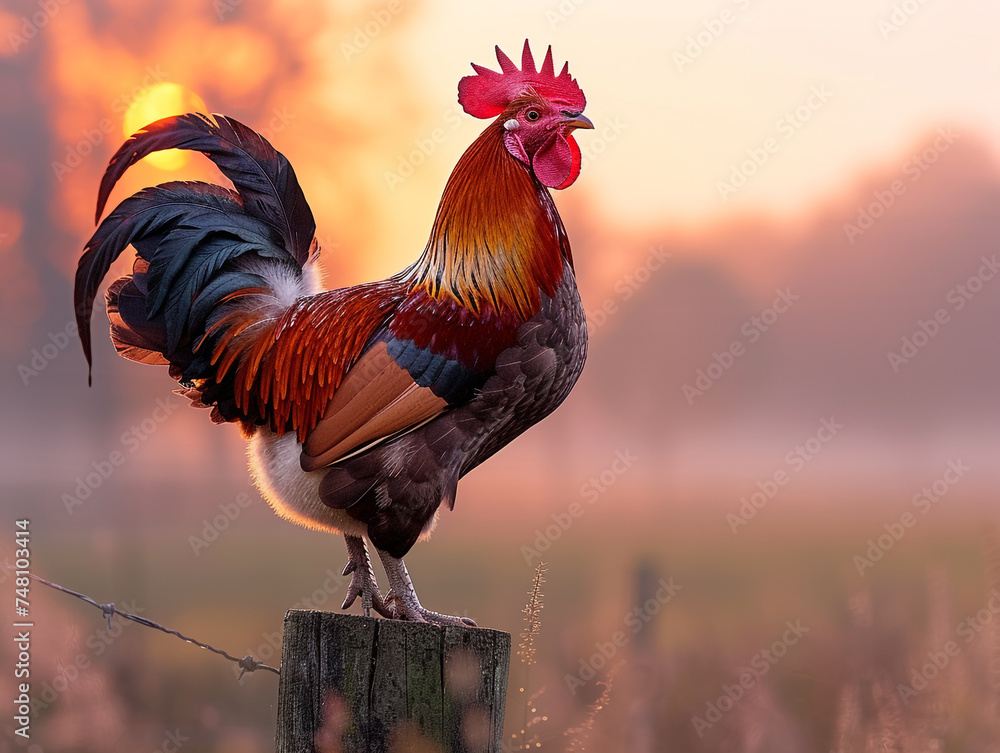 Rooster perched on the fence and crowed. On a calm and sunny morning. - obrazy, fototapety, plakaty 