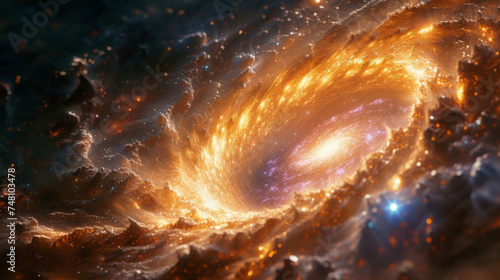 Closeup of a galaxys edge a whirlpool of color and motion as stars and gas collide.