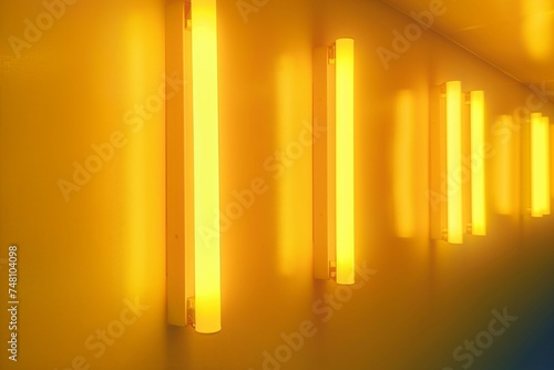 Vivid yellow fluorescent tubes add texture to yellow wall background