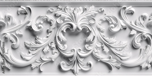 Exquisite 3D rendering of elegant ivory Gypsum sculpted adornment for traditional indoor design, crafted from plaster. photo