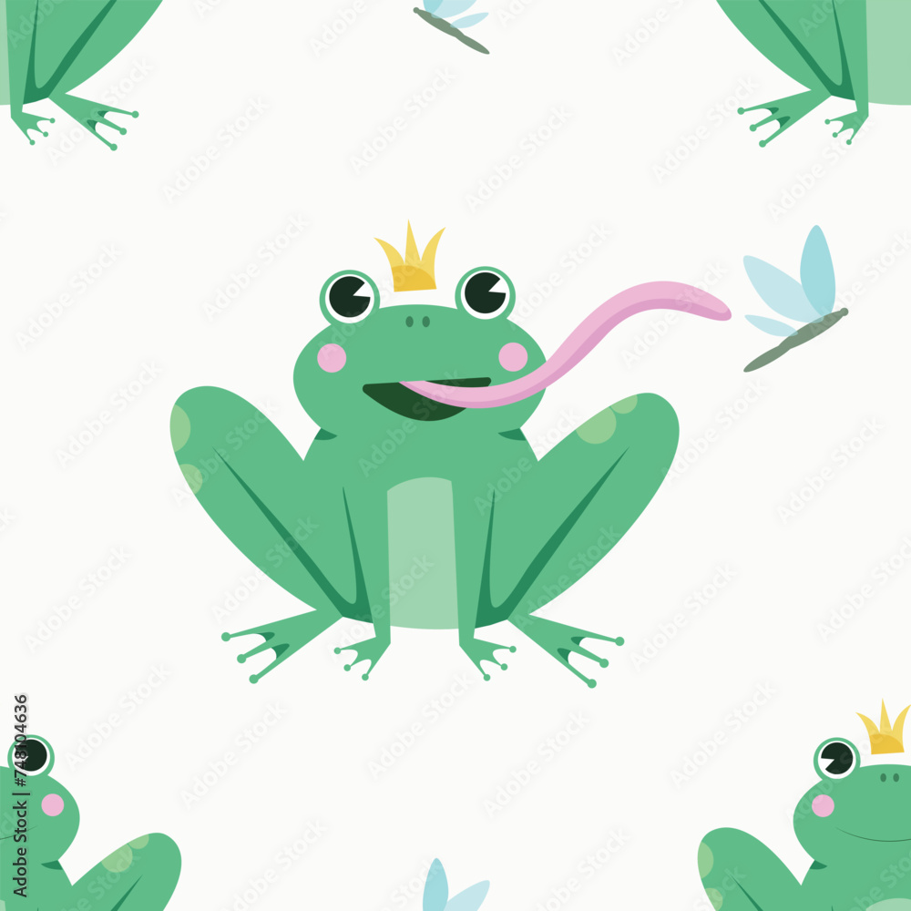 Obraz premium Seamless pattern with cute funny frogs, perfect for nursery of kids design. Vector illustration