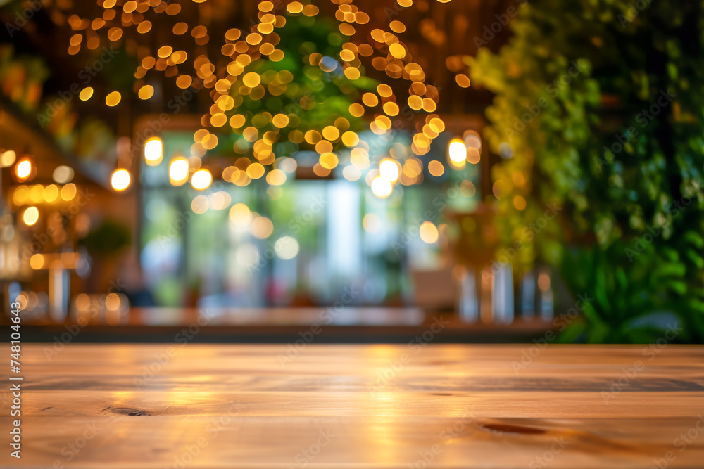 Wooden empty table against blurred sustainable cozy cafe or restaurant or public relax zone interior background. Scene stage showcase for montage you product, promotion sale or advertising Wooden empty table against blurred sustainable cozy cafe or restaurant or public relax zone interior background. Scene stage showcase for montage you product, promotion sale or advertising