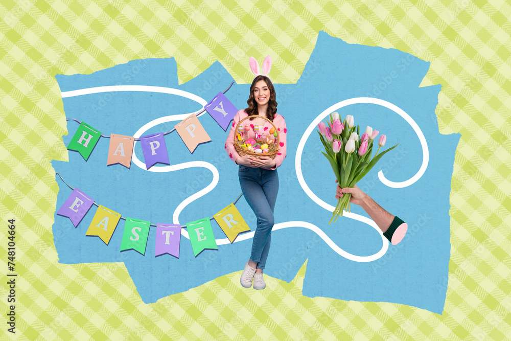 Creative 3d photo artwork collage of beautiful girl hold basket easter eggs garland banner happy easter bouquet hand isolated on colorful background