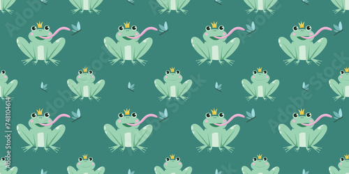 Seamless pattern with cute funny frogs, perfect for nursery of kids design. Vector illustration
