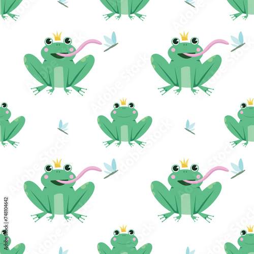 Seamless pattern with cute funny frogs, perfect for nursery of kids design. Vector illustration