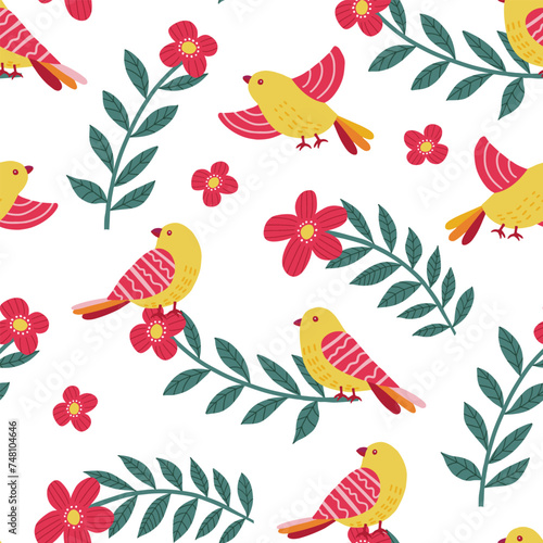 Seamless hand drawn floral pattern with flying and sitting birds. Spring and summer background for textile, fabric etc. Vector illustration