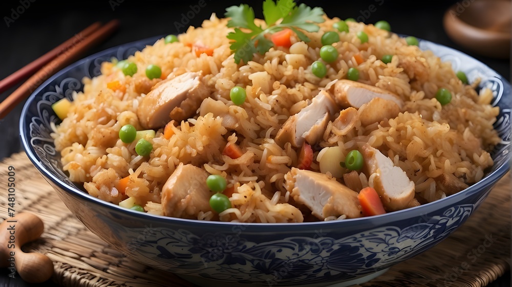Chinese dish stir-fried with chicken, broccoli, mushrooms, and peppers, Fried rice with chicken from China, Wok generative AI Chinese cuisine Chinese dish stir-fried with chicken, broccoli, mushrooms, and peppers, Fried rice with chicken from China, Wok generative AI Chinese cuisine