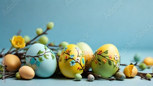 Colored easter eggs and flowers on blue background