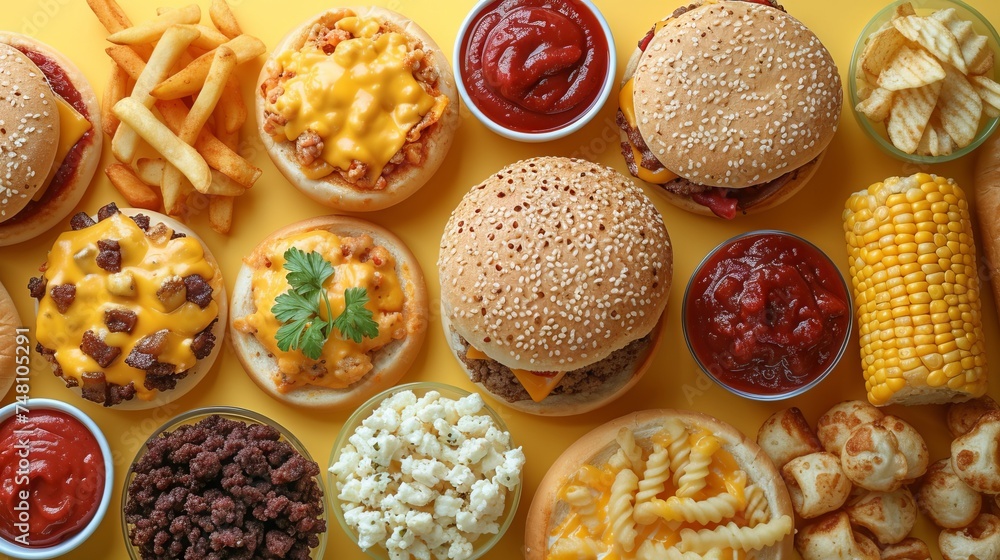 Fototapeta premium Flatlay Burger with sesame bun and beef patty on a yellow background served with fries. Concept: takeaway food, high-fat, high-calorie food. Copy space