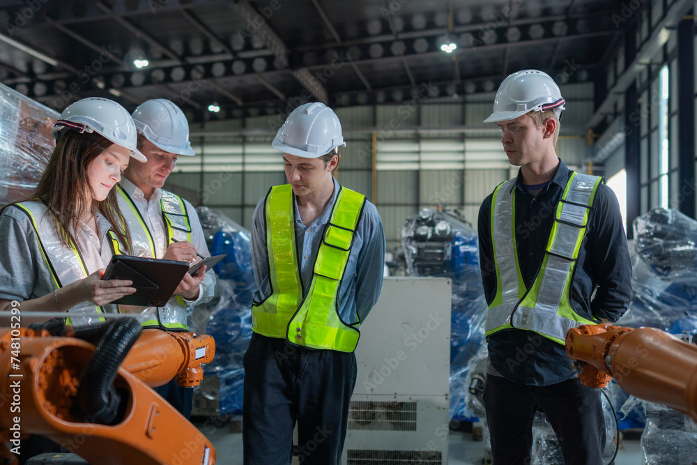 team engineers inspecting on machine with smart tablet. Worker works at heavy machine robot arm. The welding machine with a remote system in an industrial factory. Artificial intelligence concept. team engineers inspecting on machine with smart tablet. Worker works at heavy machine robot arm. The welding machine with a remote system in an industrial factory. Artificial intelligence concept.