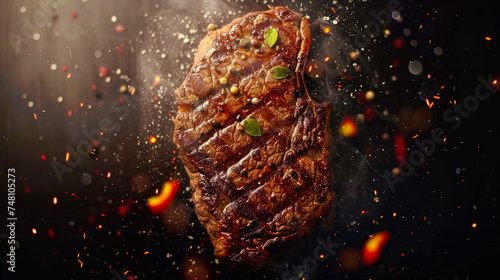 grilled steak, juicy sirloin beef with spices and smoke on a black background. Close up. Restaurant menu, recipe. Delicious beef steak. Barbecue