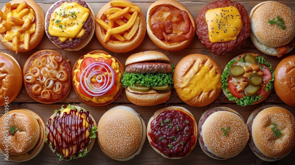 Flatlay Burger with sesame bun and beef patty on a yellow background served with fries. Concept: takeaway food, high-fat, high-calorie food. Copy space Flatlay Burger with sesame bun and beef patty on a yellow background served with fries. Concept: takeaway food, high-fat, high-calorie food. Copy space