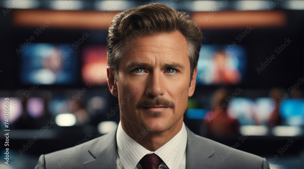 Portrait of a charismatic anchorman in a television studio, with the control room visible in the background. - Generative AI - obrazy, fototapety, plakaty 