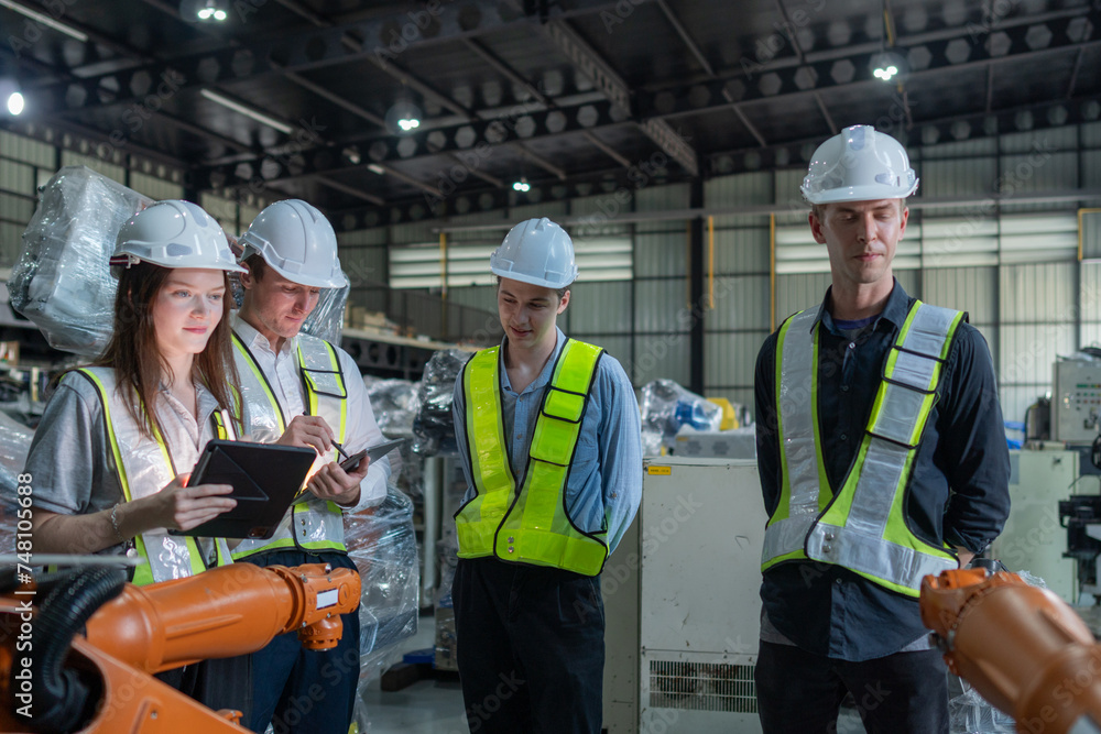 team engineers inspecting on machine with smart tablet. Worker works at heavy machine robot arm. The welding machine with a remote system in an industrial factory. Artificial intelligence concept. team engineers inspecting on machine with smart tablet. Worker works at heavy machine robot arm. The welding machine with a remote system in an industrial factory. Artificial intelligence concept.