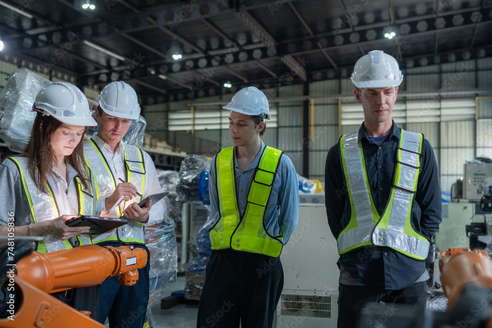 team engineers inspecting on machine with smart tablet. Worker works at heavy machine robot arm. The welding machine with a remote system in an industrial factory. Artificial intelligence concept. team engineers inspecting on machine with smart tablet. Worker works at heavy machine robot arm. The welding machine with a remote system in an industrial factory. Artificial intelligence concept.