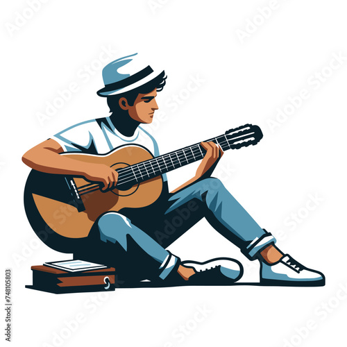Musician man playing guitar acoustic vector illustration, male guitarist performing music, String instrument player design template isolated on white background