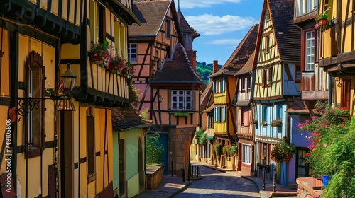 Vibrant historic half-timbered homes in a charming French village.